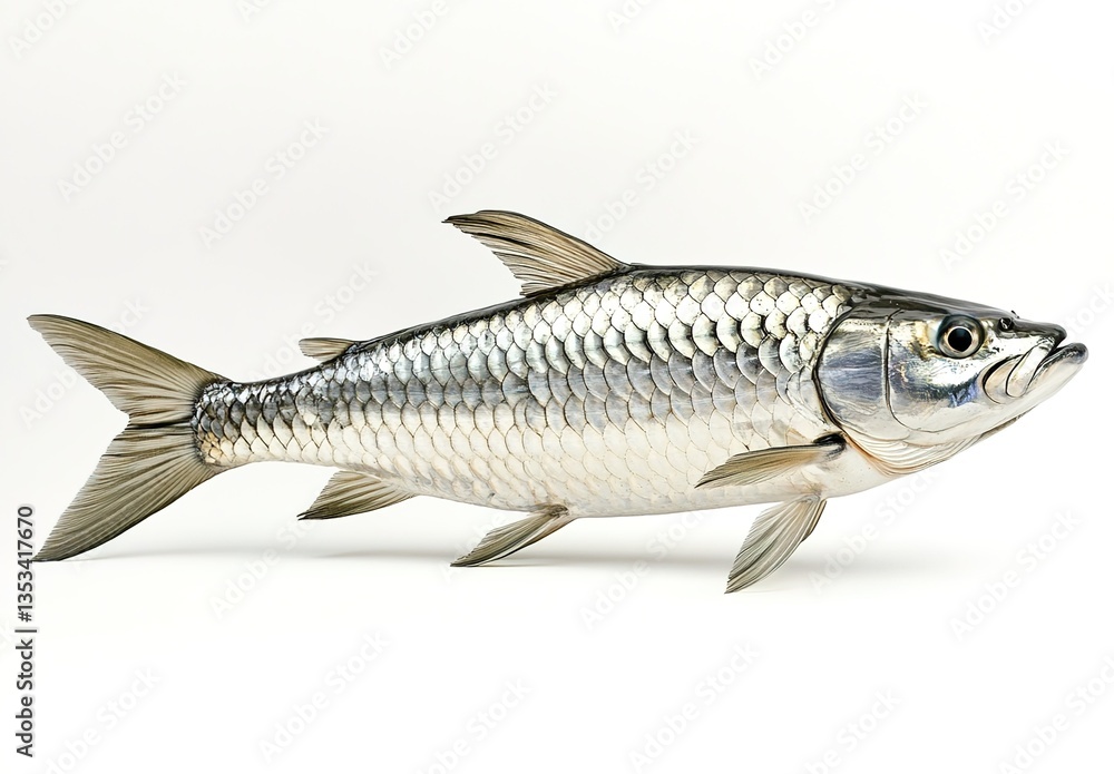 A silver fish with fine scales, strong reflective effect, placed on a solid white background, the fish has a slender shape, detailed textures on the tail and fins A silver fish with fine scales, strong reflective effect, placed on a solid white background, the fish has a slender shape, detailed textures on the tail and fins