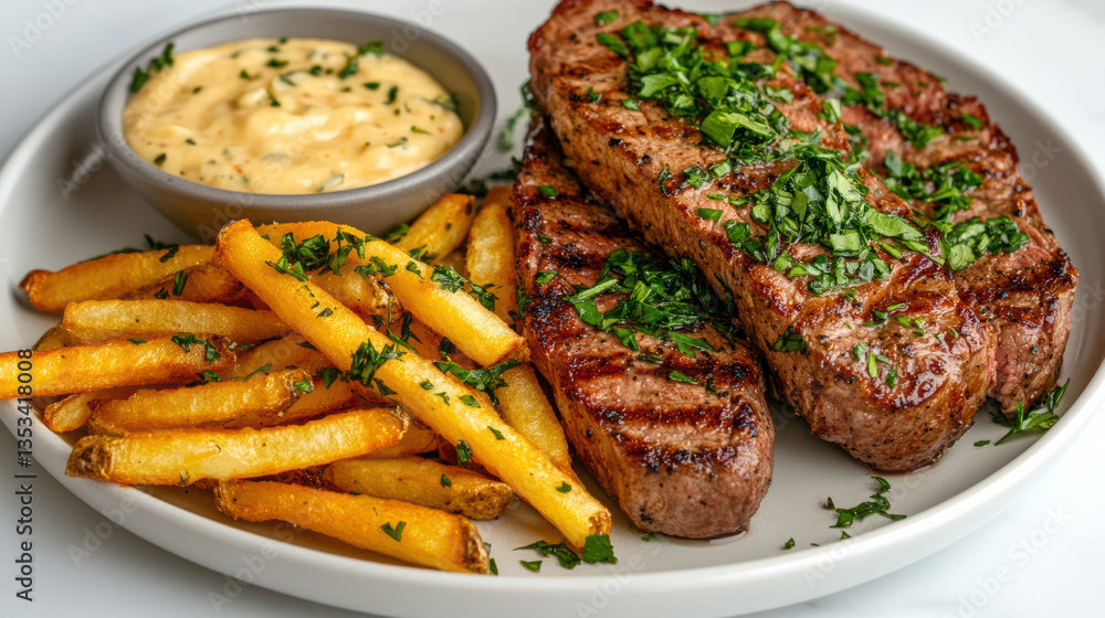 Juicy steak frites served with crispy fries and creamy dipping sauce, perfect for hearty meal Juicy steak frites served with crispy fries and creamy dipping sauce, perfect for hearty meal