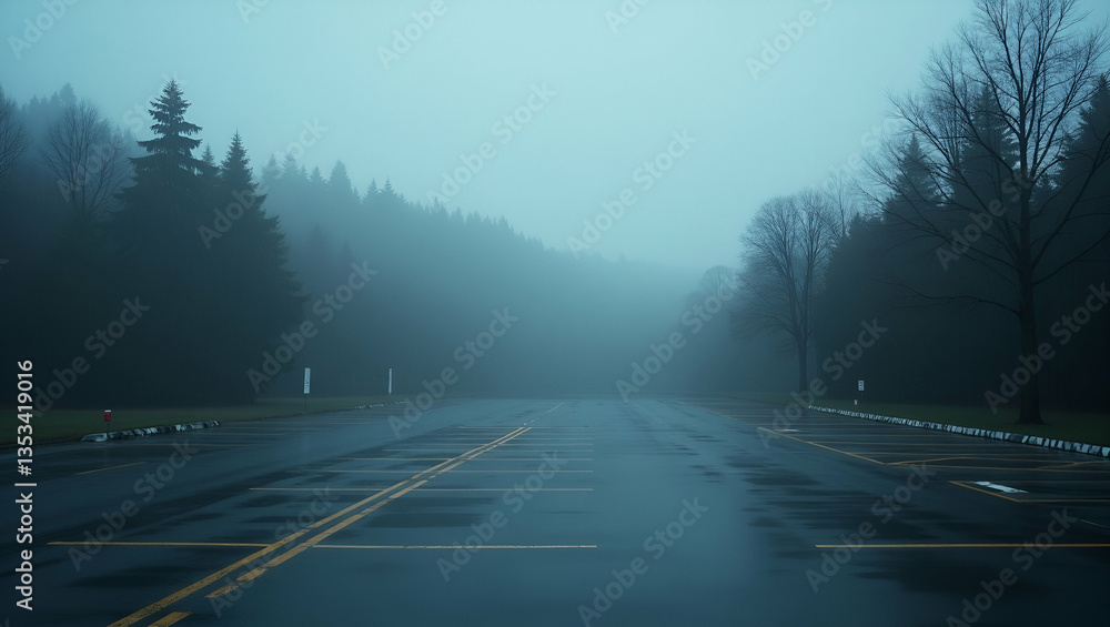Naklejka premium Serene Rainy Parking Lot with Misty Trees: A Moody Photo Concept