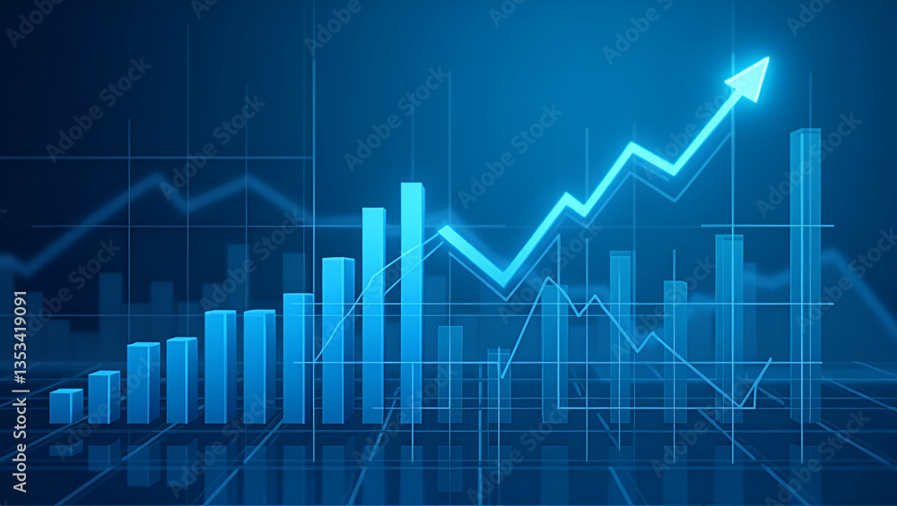 Flat Blue Backdrop with Financial Bar Chart Uptrend: Abstract Stock Market Growth Illustration Flat Blue Backdrop with Financial Bar Chart Uptrend: Abstract Stock Market Growth Illustration