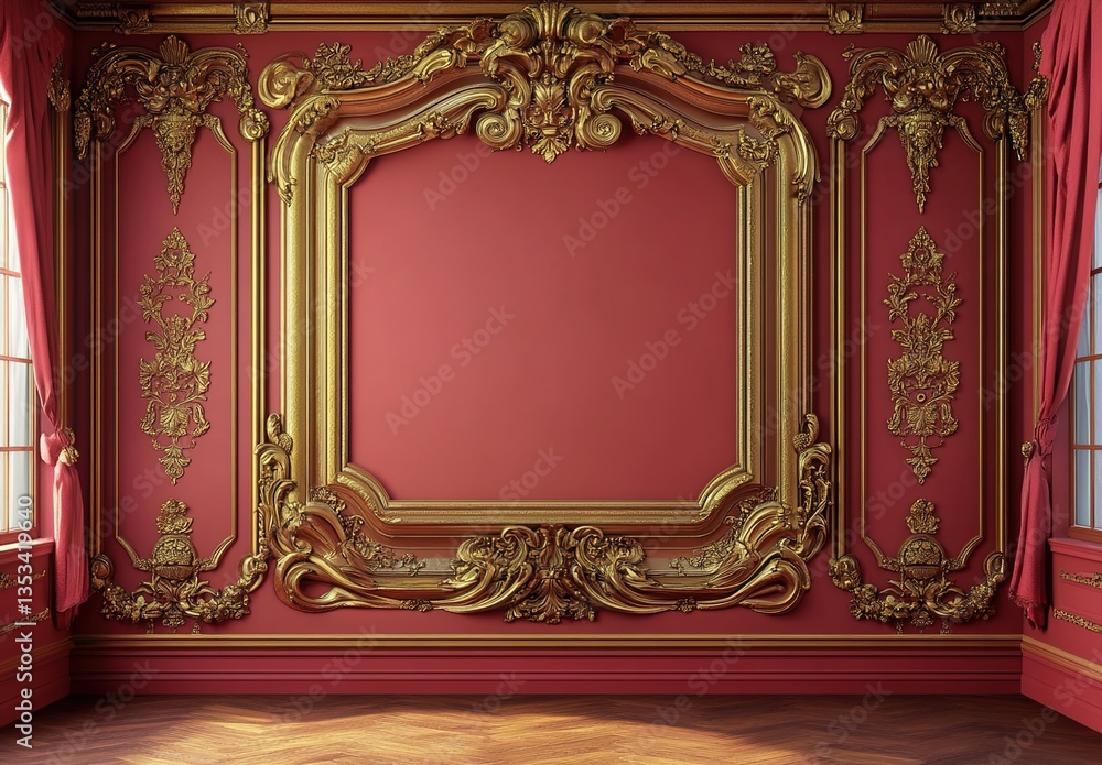 Obraz premium A luxurious red wall with intricate gold carvings, a large rectangular recess in the center, surrounded by symmetrical columns and floral patterns