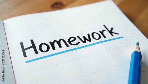 Close-up of a homework word written neatly on a white sheet of lined paper, academic, pen, study