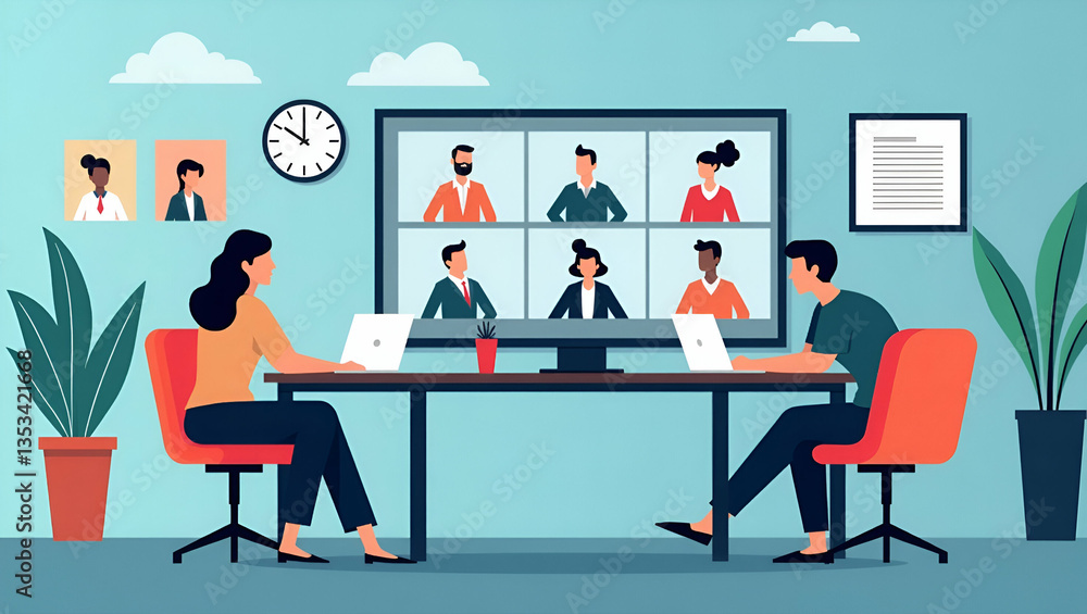 Flat Vector Illustration of a Business Team Collaborating Remotely via Online Video Conference: Smart Working Methods with Wireless Technology for Effective Teamwork Anywhere Flat Vector Illustration of a Business Team Collaborating Remotely via Online Video Conference: Smart Working Methods with Wireless Technology for Effective Teamwork Anywhere