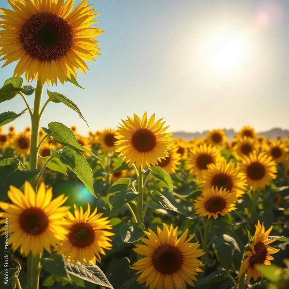 Obraz premium Golden sunflower field basking in bright summer sunlight, botany, rural
