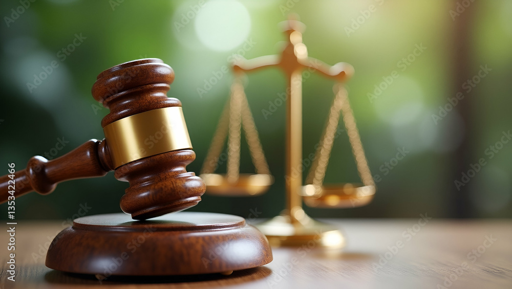 Illustration of a Wooden Gavel and Golden Scale Symbolizing Law: Emphasizing International Environmental Concepts, Corporate Industry Regulations, and Sustainable Practices in Photo Stock with Empty S Illustration of a Wooden Gavel and Golden Scale Symbolizing Law: Emphasizing International Environmental Concepts, Corporate Industry Regulations, and Sustainable Practices in Photo Stock with Empty S