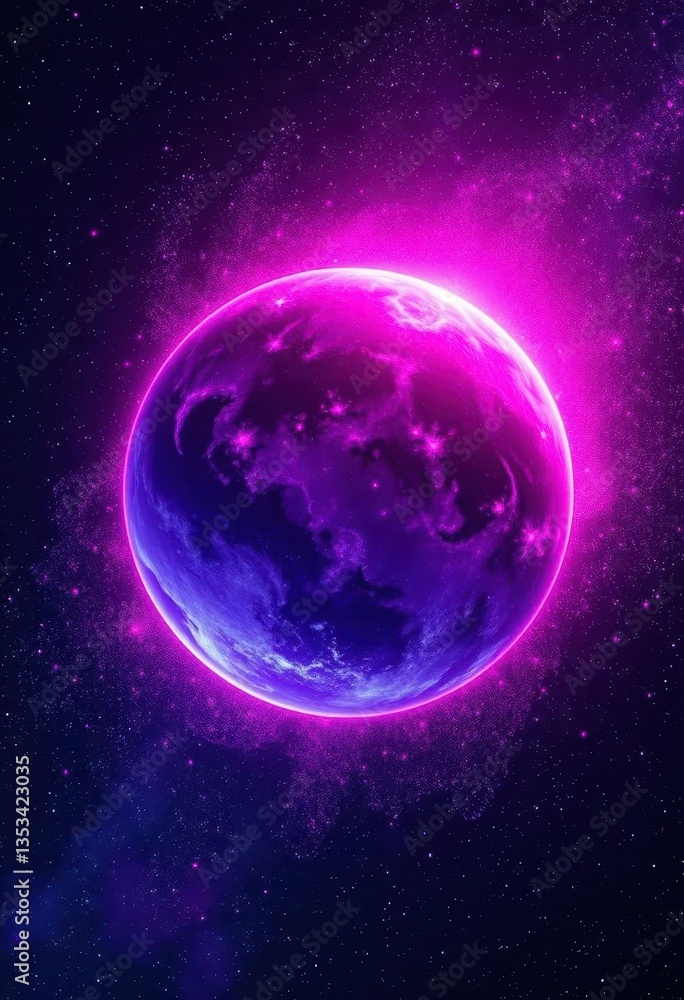 Obraz premium Magenta planet surrounded by shimmering stardust, cosmic dust swirling, nebula, celestial