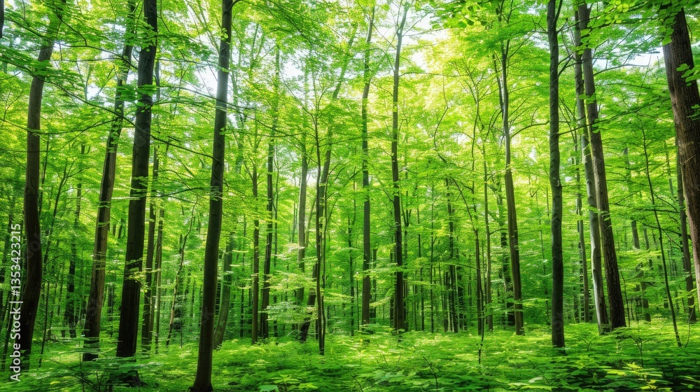 Lush green forest filled with tall trees and bright sunlight Lush green forest filled with tall trees and bright sunlight