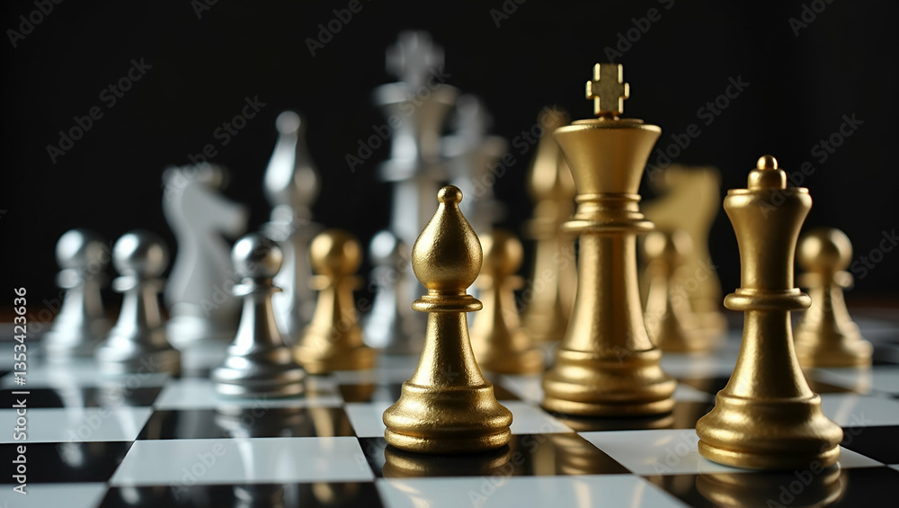 Gold and Silver Chess Pieces on a Chess Board: Visualizing Business Metaphors and Leadership Concepts with Empty Space for Creative Stock Photography Gold and Silver Chess Pieces on a Chess Board: Visualizing Business Metaphors and Leadership Concepts with Empty Space for Creative Stock Photography