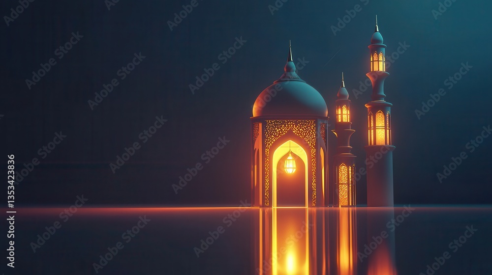 Fototapeta premium Modern generative AI banner featuring an elegant lantern and mosque for an Eid Mubarak celebration.