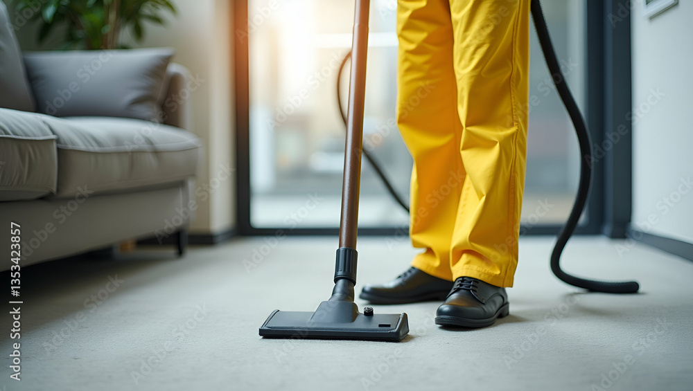 Fototapeta premium Professional Cleaner in Yellow Overalls Vacuuming Carpet for a Spotless Environment - Stock Photo Concept with Empty Space on the Left for Custom Text or Branding