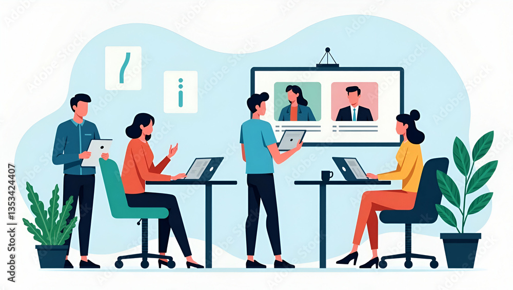 Obraz premium Flat Vector Illustration of a Business Team Working Remotely: Engaging in Online Video Conferences with Wireless Technology for Seamless Collaboration Anywhere with Internet Access