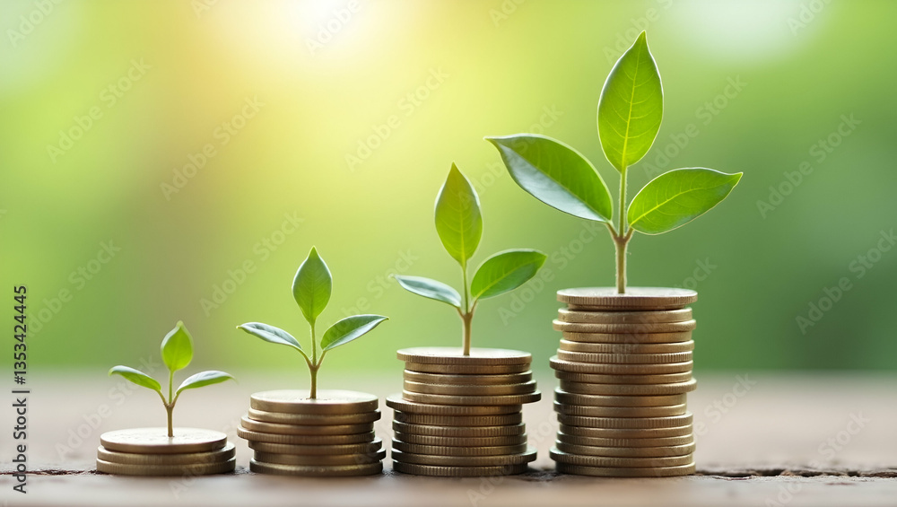 Illustration of seedlings growing on stacked coins symbolizing finance and investment saving money and financial and business growth for profit concept as Illustration of seedlings growing on stacked Illustration of seedlings growing on stacked coins symbolizing finance and investment saving money and financial and business growth for profit concept as Illustration of seedlings growing on stacked
