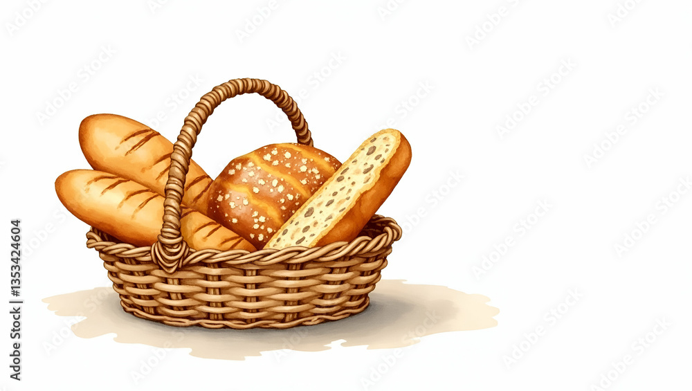Artistic Watercolor Illustration of a Rustic Basket Overflowing with Assorted Artisan Breads - Perfect for Bakery Concepts and Stock Photos with Left Space Artistic Watercolor Illustration of a Rustic Basket Overflowing with Assorted Artisan Breads - Perfect for Bakery Concepts and Stock Photos with Left Space