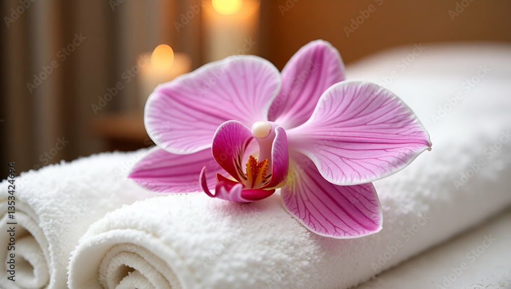Elegant Pink Orchid on White Towel: Luxurious Floral Decor in Serene Spa Salon Atmosphere Elegant Pink Orchid on White Towel: Luxurious Floral Decor in Serene Spa Salon Atmosphere