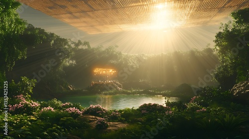 Serene landscape with sunlight filtering through trees, illuminating a tranquil pond.