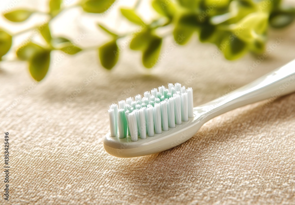Close-up of a bamboo toothbrush with white bristles on a soft background Close-up of a bamboo toothbrush with white bristles on a soft background