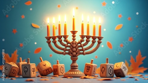 a close-up of a menorah with lit candles and dreidels. The scene evokes a sense of reverence and festivity associated with the holiday season