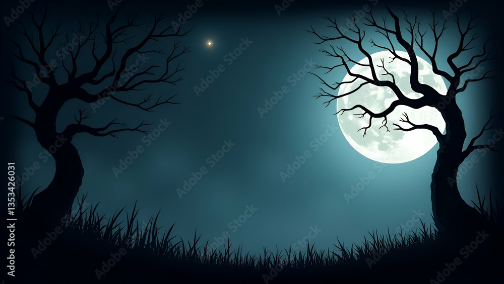 Fototapeta premium Haunted tree and full moon border frame with eerie copy space for Halloween concept as Gnarled haunted trees and a glowing full moon framing eerie space for Halloween messages in Photo Stock Concept