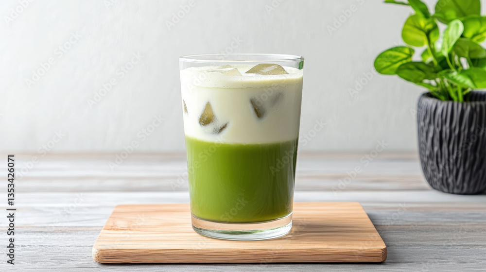 refreshing iced matcha latte served tall glass, showcasing vibrant green layers and ice cubes refreshing iced matcha latte served tall glass, showcasing vibrant green layers and ice cubes