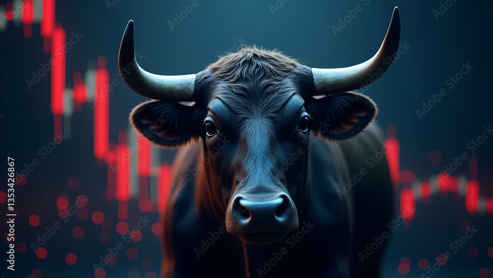 Naklejka premium Flat Bull and Chart Illustration: Generative AI Concept for Business and Bull Market Traders - Cute Vector Design for Smart Business Insights