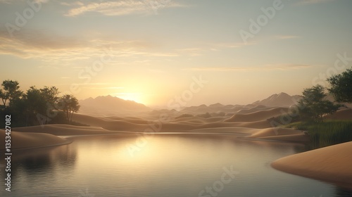 A serene desert landscape at sunset, featuring a calm river and distant mountains.
