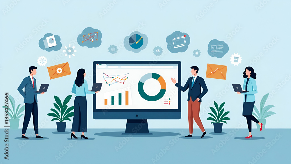 Flat Vector Illustration of Business Professionals Analyzing Web Traffic Analytics on Dashboard Flat Vector Illustration of Business Professionals Analyzing Web Traffic Analytics on Dashboard