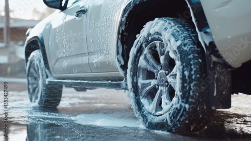 Clean Wheels on a Vehicle with Water Spray