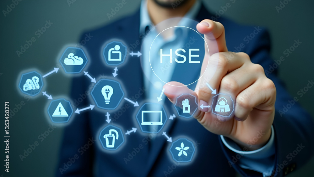 Person Interacting with HSE Icons for Workplace Safety Protocols Person Interacting with HSE Icons for Workplace Safety Protocols
