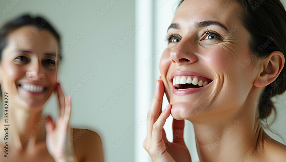 Flat Close up portrait of gorgeous happy middle aged woman looking at mirror touching her skin enjoying treatment for dry skin advertising anti aging beauty skin care products. concept as Gorgeous mid Flat Close up portrait of gorgeous happy middle aged woman looking at mirror touching her skin enjoying treatment for dry skin advertising anti aging beauty skin care products. concept as Gorgeous mid