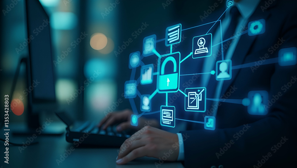Flat Document management concept with icons on virtual screen ERP. Businessman working on the computer for document management concept online documentation database and digital file storage system. co Flat Document management concept with icons on virtual screen ERP. Businessman working on the computer for document management concept online documentation database and digital file storage system. co