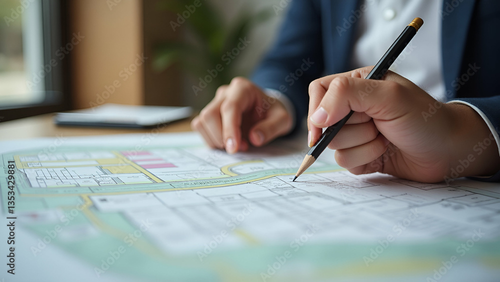 Man with Pencil Analyzing Cadastral Map for Land Purchase: Real Estate Investment and Development Opportunities in Vacant Land for Construction and Housing Man with Pencil Analyzing Cadastral Map for Land Purchase: Real Estate Investment and Development Opportunities in Vacant Land for Construction and Housing