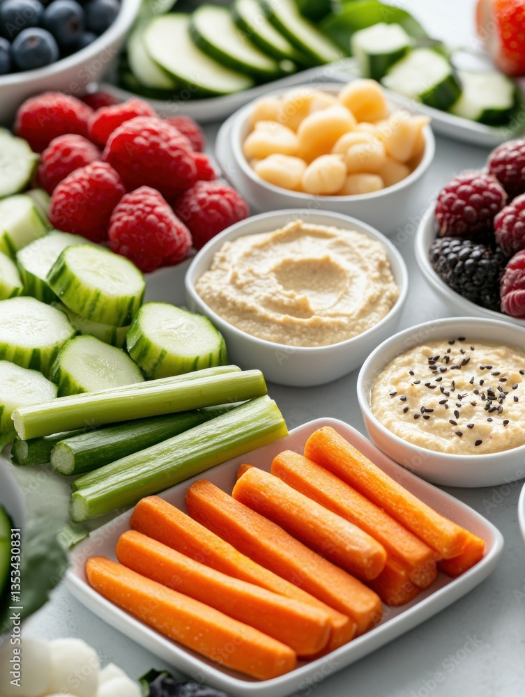 Assorted fresh vegetables and berries with dips on a table. Assorted fresh vegetables and berries with dips on a table.