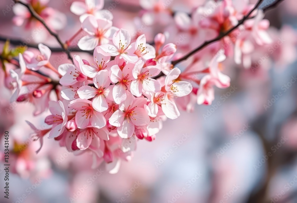 Delicate pink and white Japanese plum blossoms in full bloom against a blurred background, plant, blossom Delicate pink and white Japanese plum blossoms in full bloom against a blurred background, plant, blossom