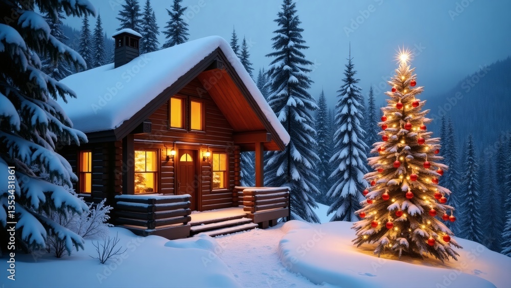 a cozy snow-covered cabin with a glowing Christmas tree standing in front of the building, creating a warm, inviting holiday scene a cozy snow-covered cabin with a glowing Christmas tree standing in front of the building, creating a warm, inviting holiday scene