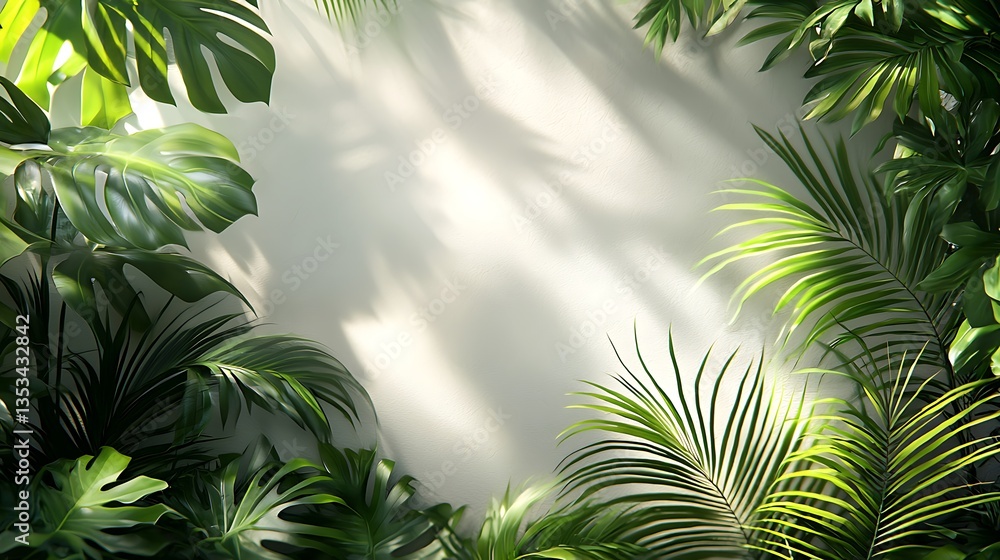 Naklejka premium Lush tropical leaves frame a bright background.