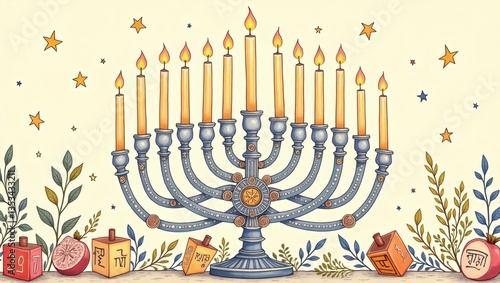a vibrant illustration of a menorah with lit candles, symbols of Hanukkah, conveying festive spirit and cultural significance. The menorah stands as a central element