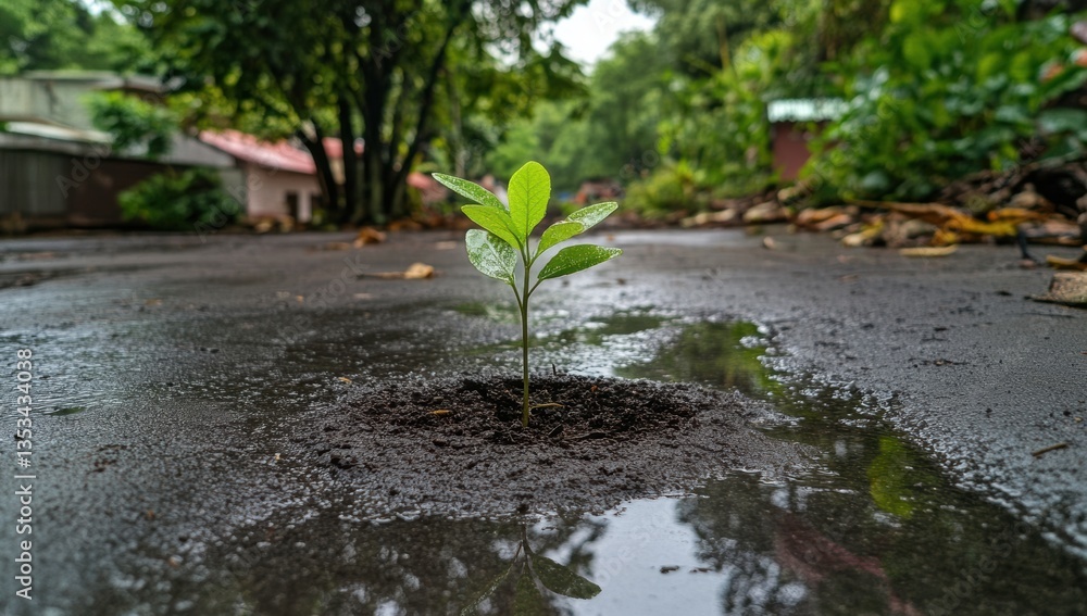 Fototapeta premium Green sprout growing from asphalt surrounded by puddle representing resilience and nature's power
