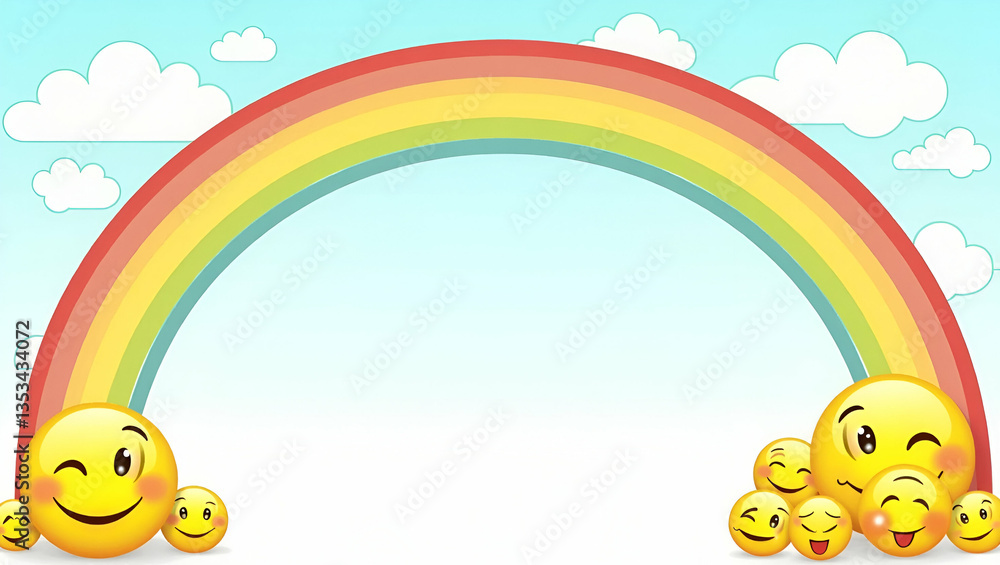 Fototapeta premium Celebrate International Day of Happiness with a Vibrant Photo Stock Concept: Rainbow Arches and Smiley Faces Creating a Joyful Frame for Your Inspirational Quotes