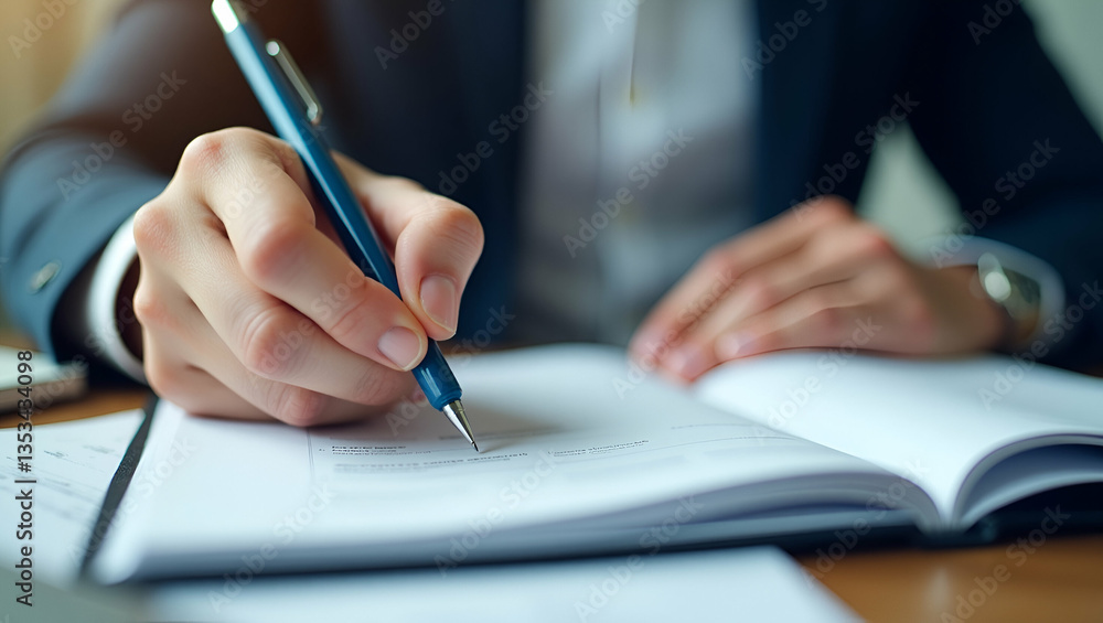 Professional Note Taking: Man Writing in Notebook with Pen in Workspace - Stock Photo Concept with Empty Space for Customization