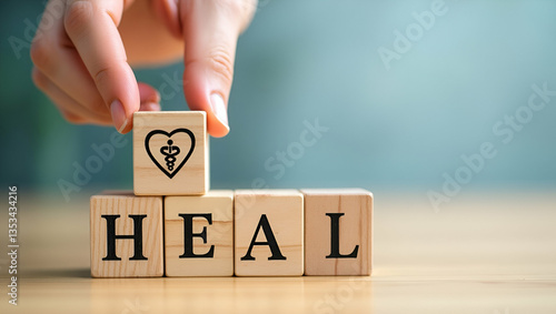 Hand Arranging Wooden Blocks with Healthcare Icons: Symbolizing Health Insurance Concepts in Stock Photo