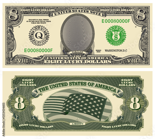 Banknote of 8 dollars. Fictional obverse and reverse in style of old US paper money. Lucky eight. Fortune. Sample