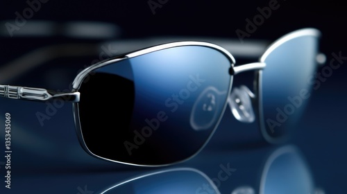Sleek, modern sunglasses with a dark, mirrored lens.  Close-up view of the frame and reflection