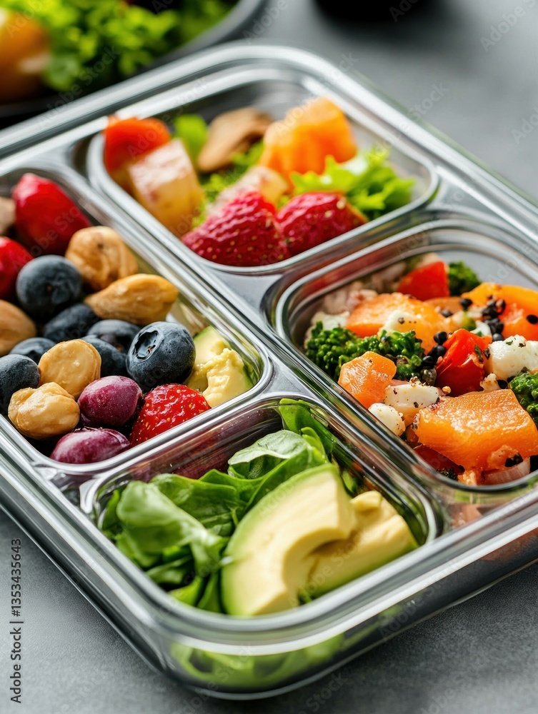Healthy meal prep with fruits, nuts, and veggies in stainless steel container. Healthy meal prep with fruits, nuts, and veggies in stainless steel container.