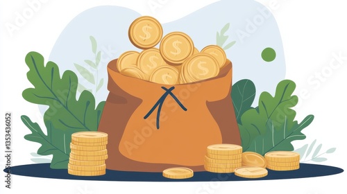 Abundant Wealth with Coin-filled Bag Surrounded by Greenery and Coins on a Blue Background Ideal for Financial and Investment Themes