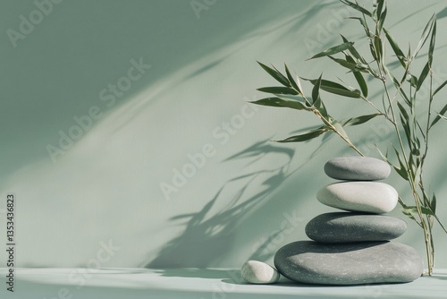 Zen stones, sunlight, bamboo, mint backdrop, wellness concept