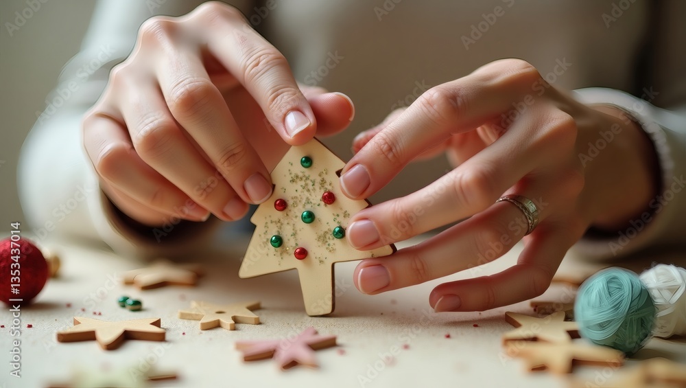 hands decorating a cookie with a christmas tree shape and some decorations, showcasing the craft of christmas baking and handmade ornaments. The scene shows a warm, inviting atmosphere. hands decorating a cookie with a christmas tree shape and some decorations, showcasing the craft of christmas baking and handmade ornaments. The scene shows a warm, inviting atmosphere.