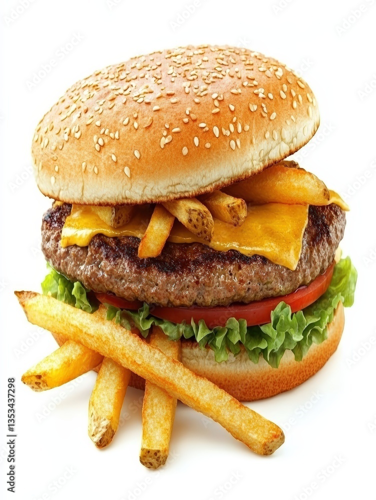 Juicy cheeseburger topped with fresh lettuce, slices of tomato, and crispy french fries, served on a sesame seed bun alongside golden fries platter Juicy cheeseburger topped with fresh lettuce, slices of tomato, and crispy french fries, served on a sesame seed bun alongside golden fries platter
