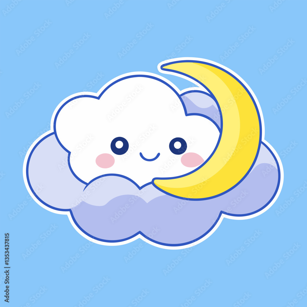A cartoon vector illustration of a baby boy sleeping on a crescent moon in a blue sky with clouds