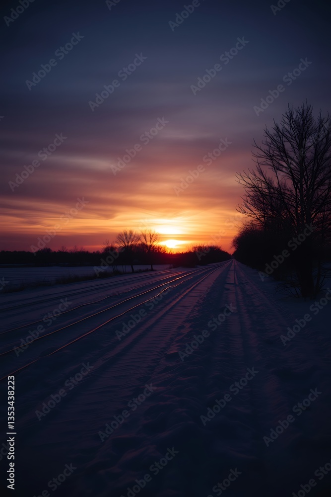 Obraz premium Sunset over snowy railroad tracks.