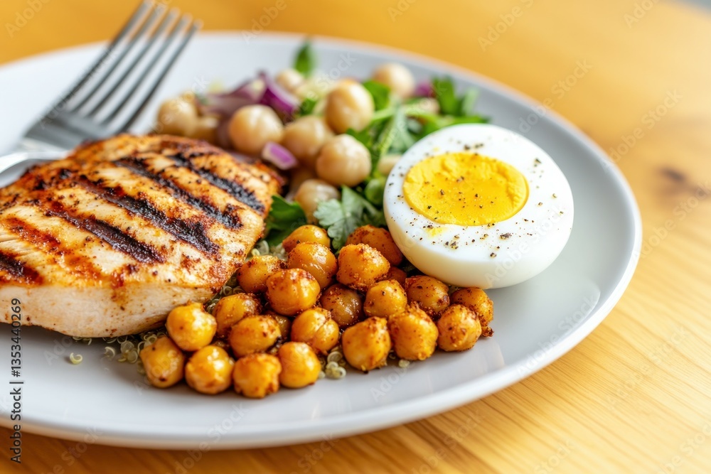 Grilled chicken salad with chickpeas and hard-boiled egg on plate. Grilled chicken salad with chickpeas and hard-boiled egg on plate.